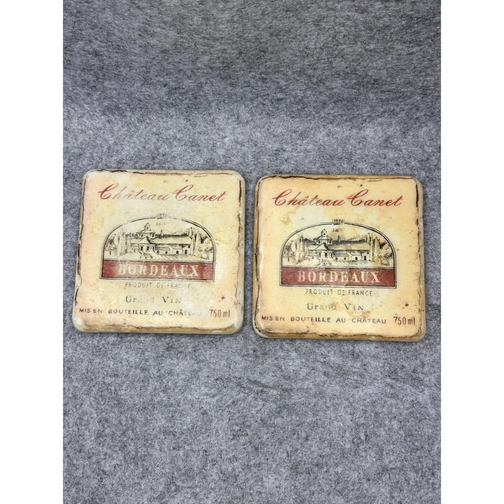 Chateau Canet Bordeaux Wine Coasters Set of 2 Stone Cork Back French Country 4in